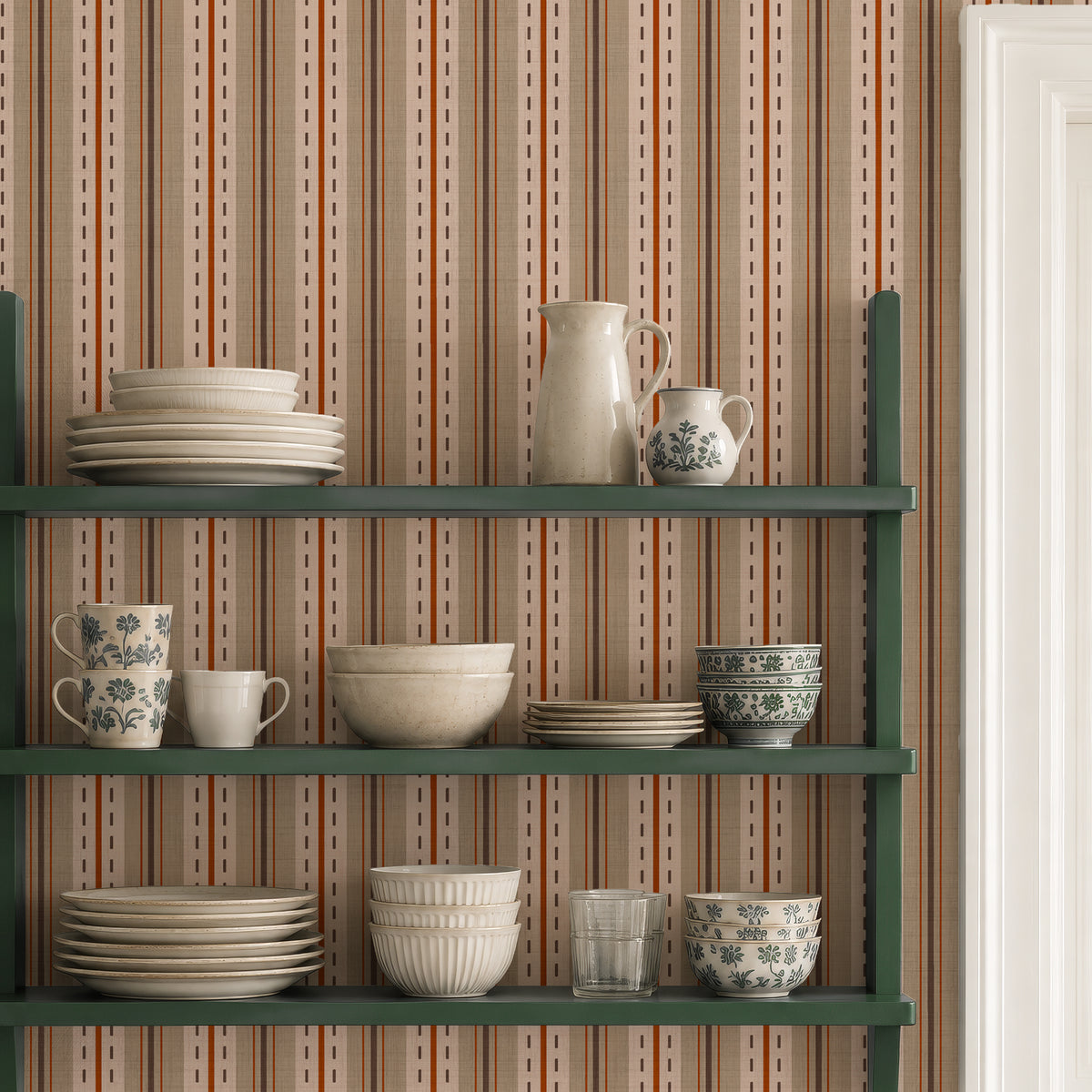Ticking stripe wallpaper on a kitchen wall