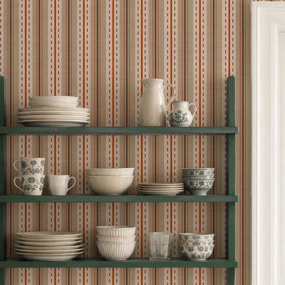 Ticking stripe wallpaper on a kitchen wall