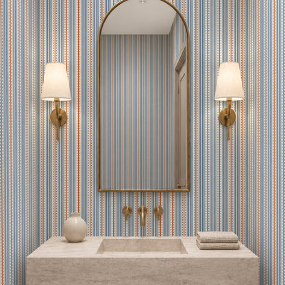 Ticking stripe wallpaper in a light powder room