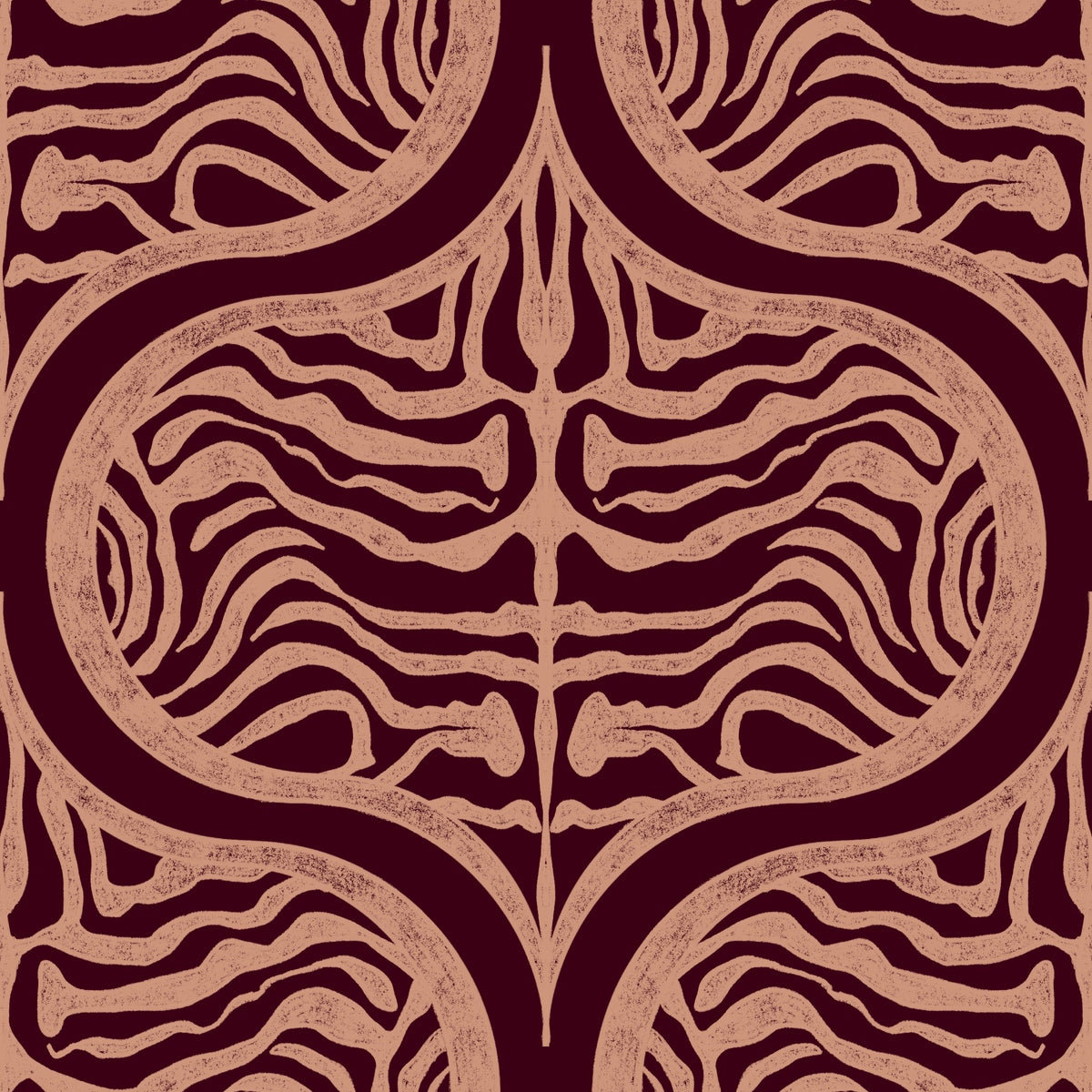 Tiger stripe ogee wallpaper in blush on burgundy