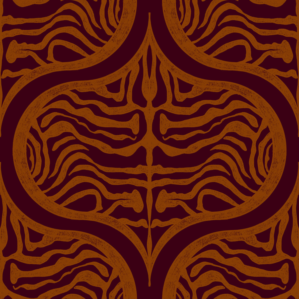 Tiger stripe ogee wallpaper in burnt orange on burgundy