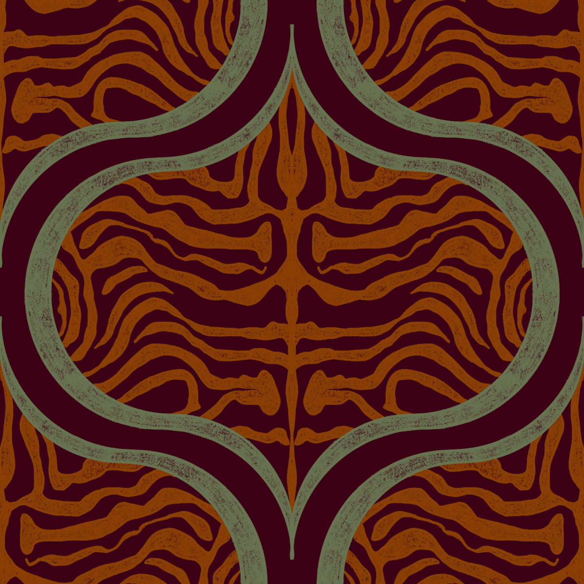 Tiger stripe ogee wallpaper in burnt orange and sage on burgundy