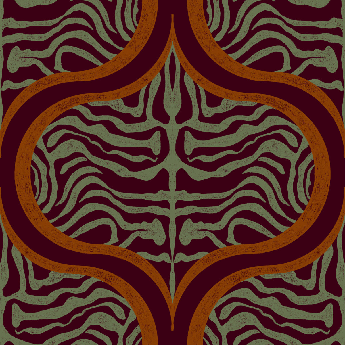 Tiger stripe ogee wallpaper in burgundy with sage and burnt orange