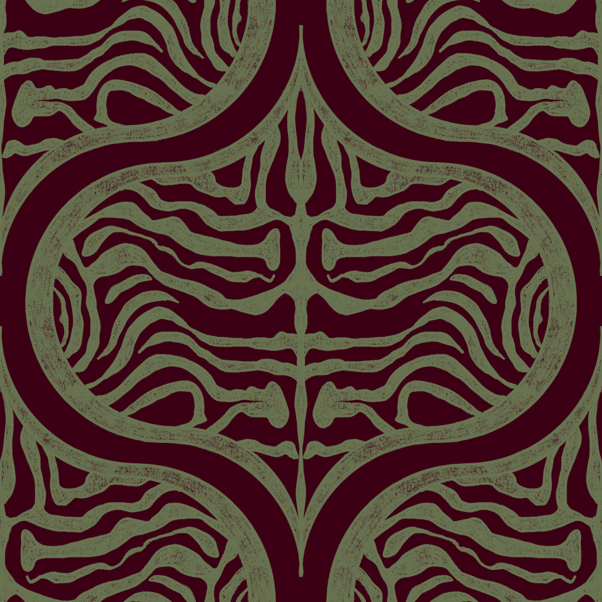 Tiger stripe ogee wallpaper in burgundy and sage green