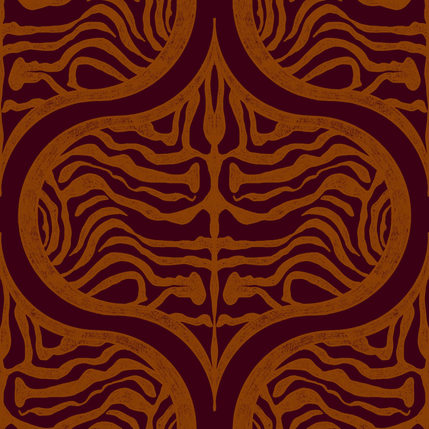 A repeating symmetrical pattern featuring stylized zebra-like stripes in a warm rust brown over a deep burgundy background.