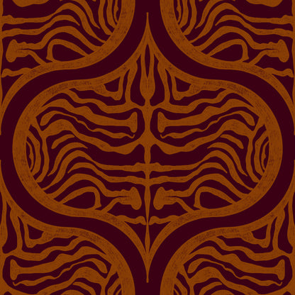 A repeating symmetrical pattern featuring stylized zebra-like stripes in a warm rust brown over a deep burgundy background.