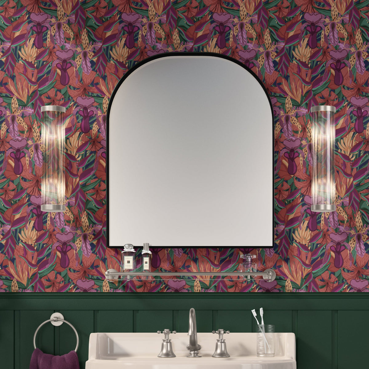 Traditional style bathroom with Tropical Jungle wallpaper