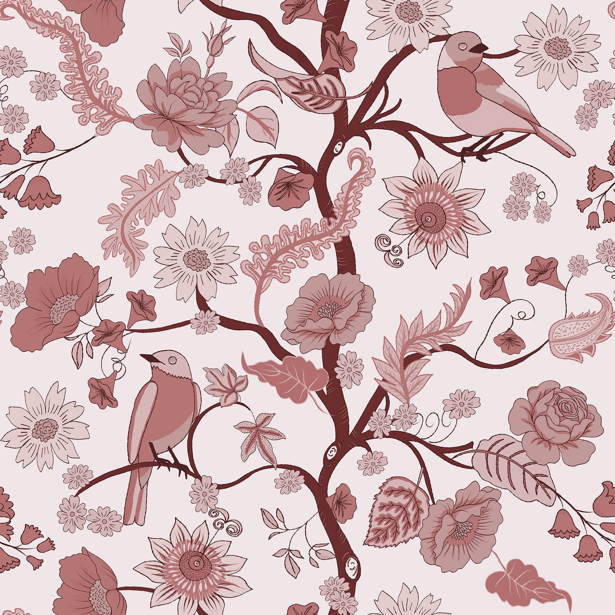 Tree of life wallpaper with birds in blush pink