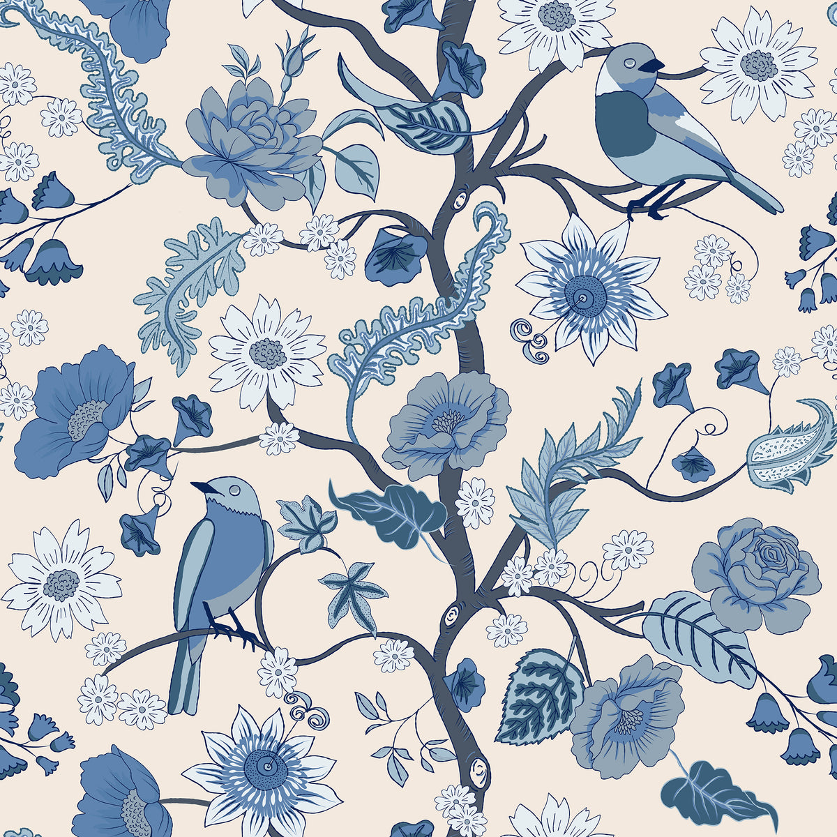 Tree of life wallpaper with birds and flowers in blue on cream