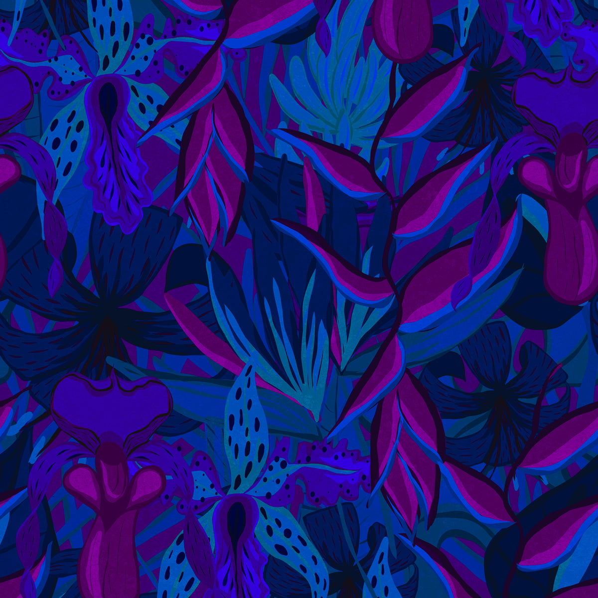 Tropical Jungle wallpaper swatch in cobalt blue