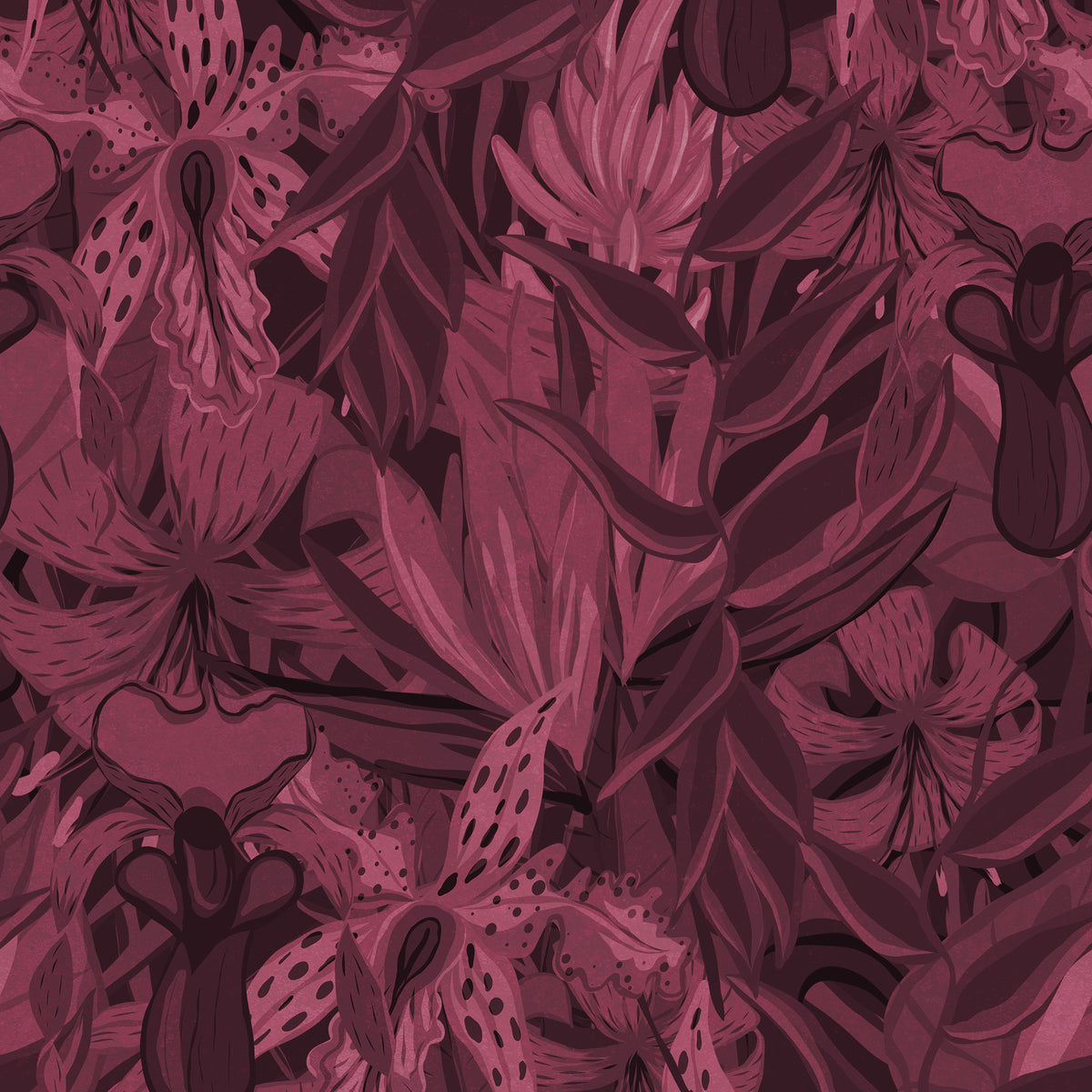 Tropical Jungle wallpaper swatch in purple and wine
