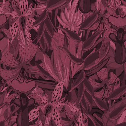 Tropical Jungle wallpaper swatch in purple and wine