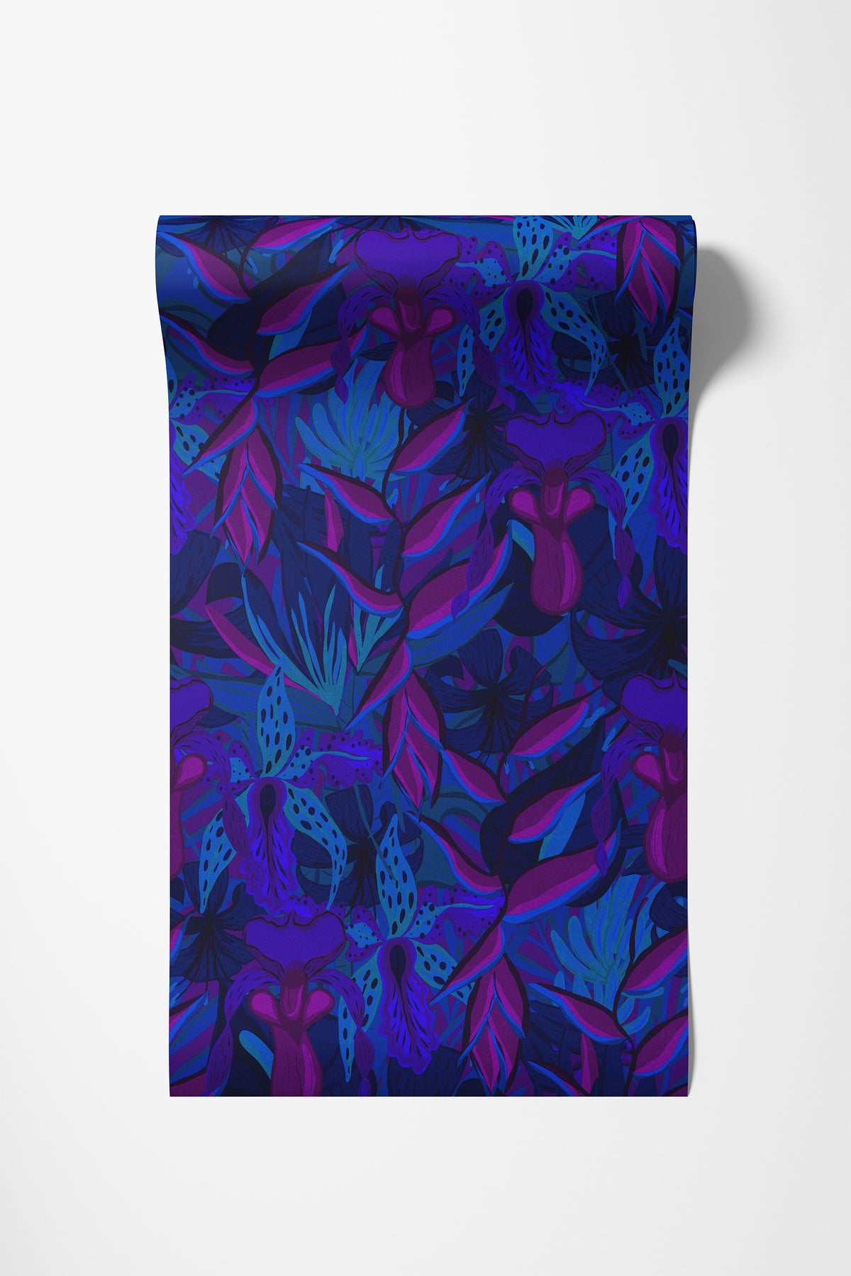 Roll of Tropical Jungle wallpaper in cobalt blue and purple jewel tones