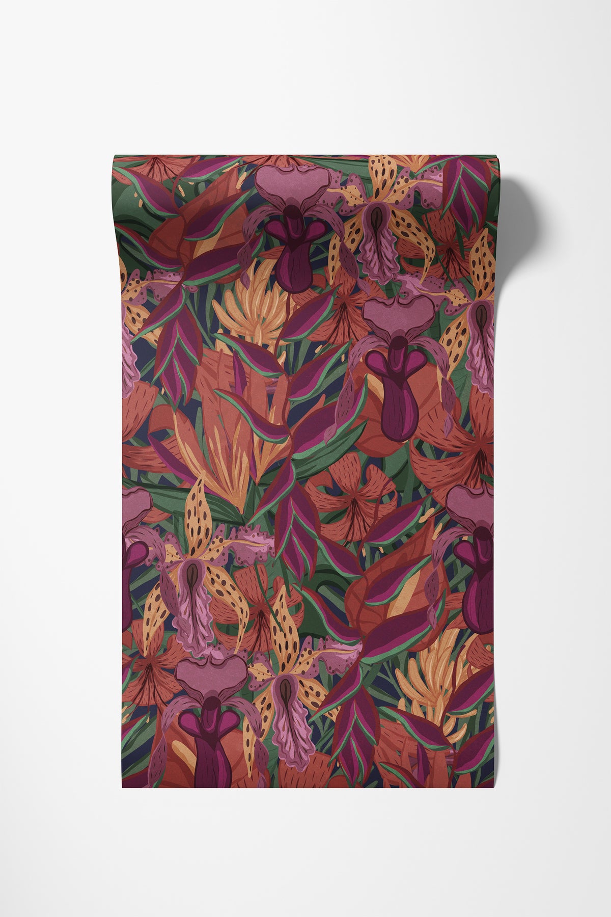 Roll of Tropical Jungle wallpaper in muted jewel tones