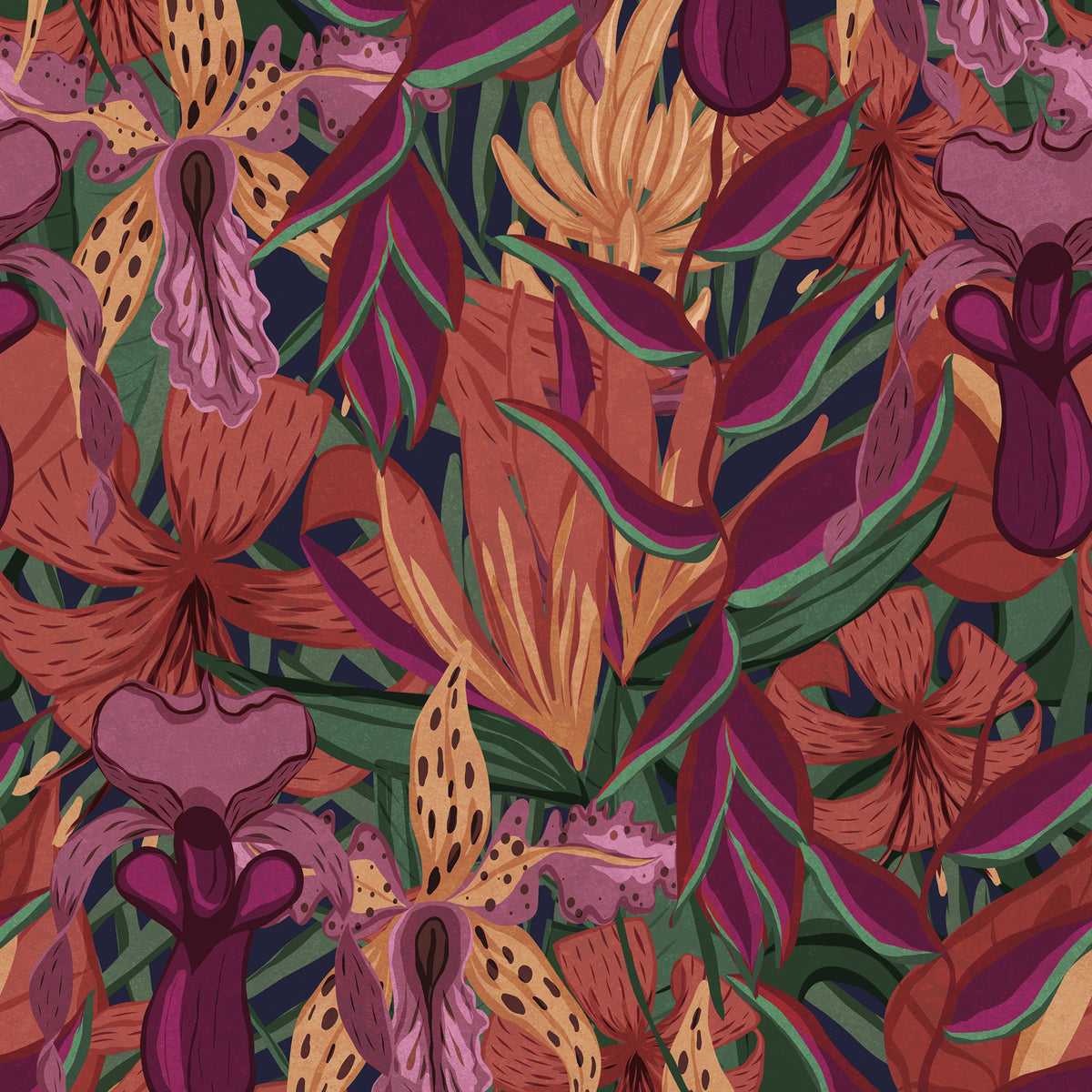 Tropical Jungle wallpaper in muted rose mauve with hand-drawn tropical leaves and orchids