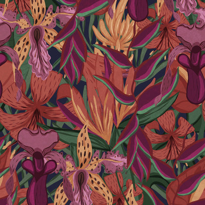 Tropical Jungle wallpaper in muted rose mauve with hand-drawn tropical leaves and orchids