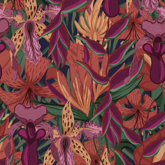 Tropical Jungle wallpaper in muted rose mauve with hand-drawn tropical leaves and orchids