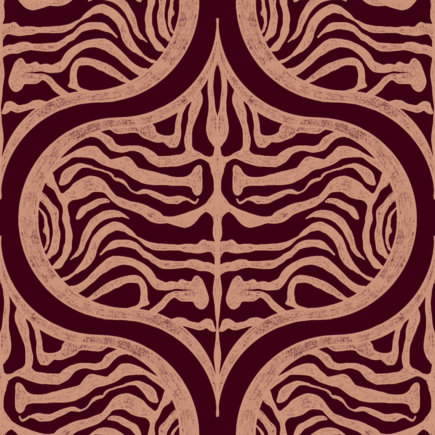A repeating abstract pattern with symmetrical wavy organic shapes in a warm tan or blush-beige tone over a very dark burgundy background.