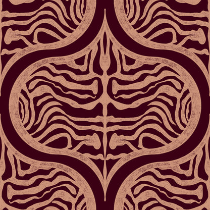 A repeating abstract pattern with symmetrical wavy organic shapes in a warm tan or blush-beige tone over a very dark burgundy background.