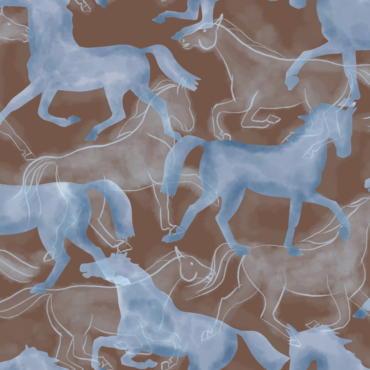Watercolor horses wallpaper in light blue on brown