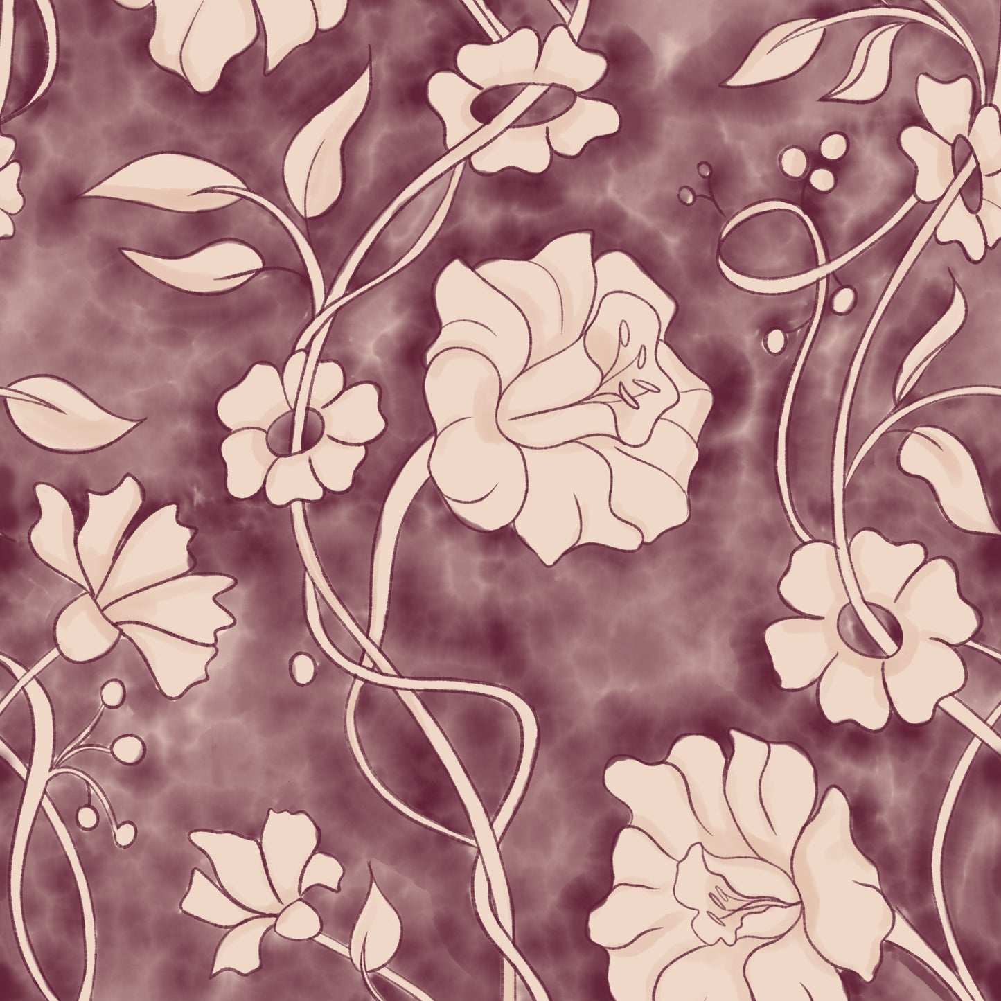 A repeating floral pattern with pale blush-beige flowers and vines on a muted mauve-purple background.