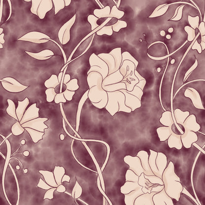 A repeating floral pattern with pale blush-beige flowers and vines on a muted mauve-purple background.