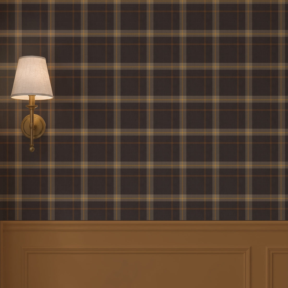 Woven Plaid wallpaper above wood paneling