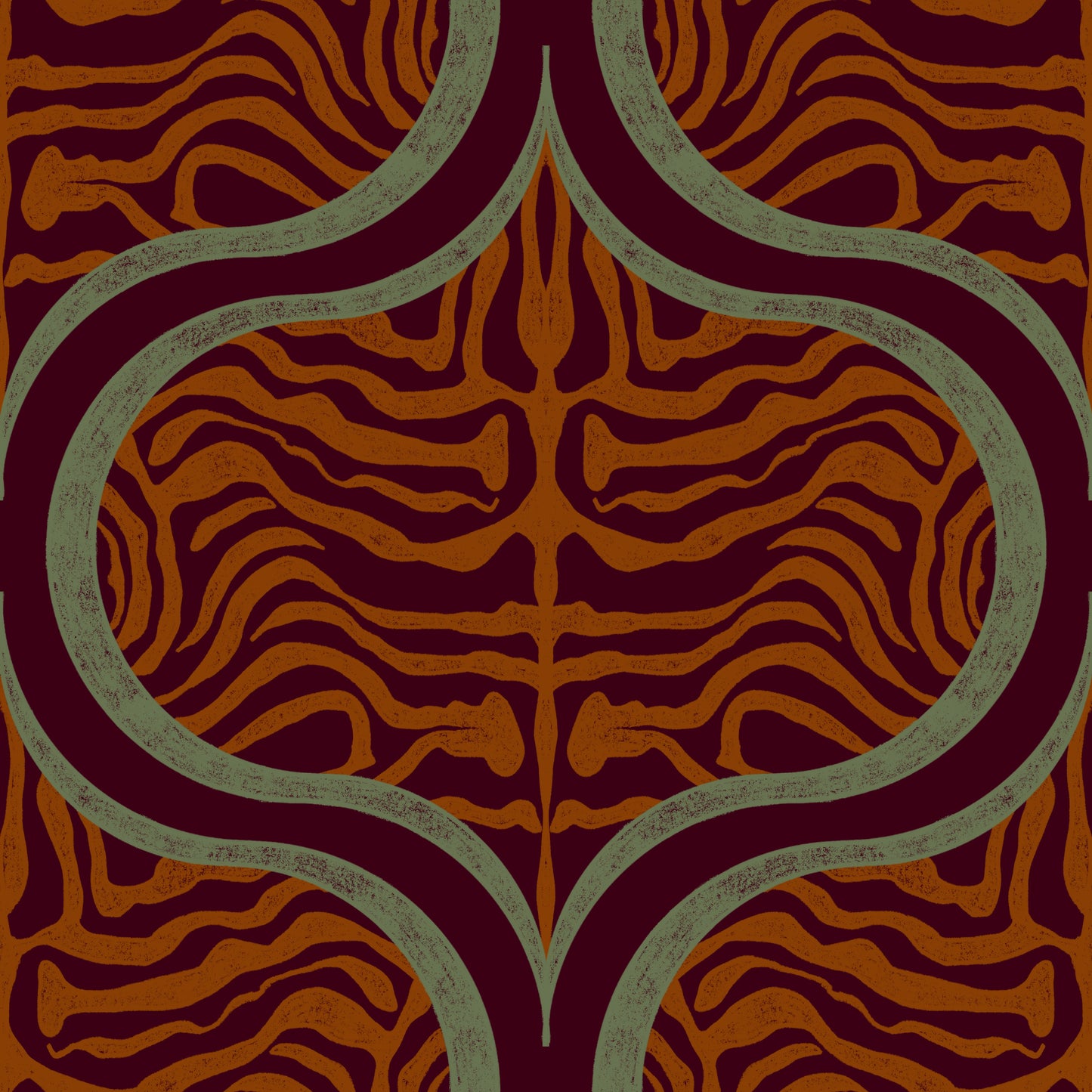 A repeating symmetrical pattern featuring wavy orange and rust stripes over a deep burgundy background, framed by muted sage green curved borders.