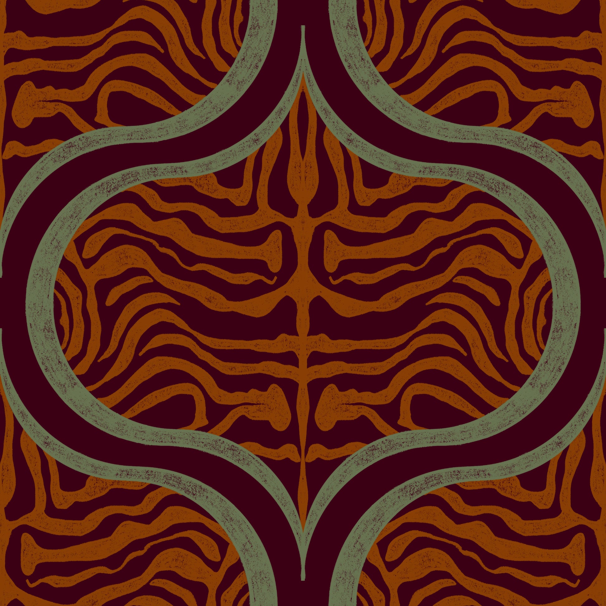 A repeating symmetrical pattern featuring wavy orange and rust stripes over a deep burgundy background, framed by muted sage green curved borders.