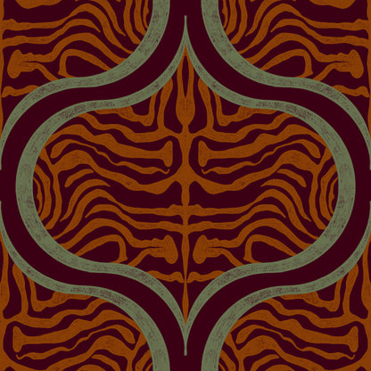 A repeating symmetrical pattern featuring wavy orange and rust stripes over a deep burgundy background, framed by muted sage green curved borders.