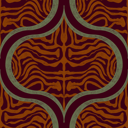A repeating symmetrical pattern featuring wavy orange and rust stripes over a deep burgundy background, framed by muted sage green curved borders.